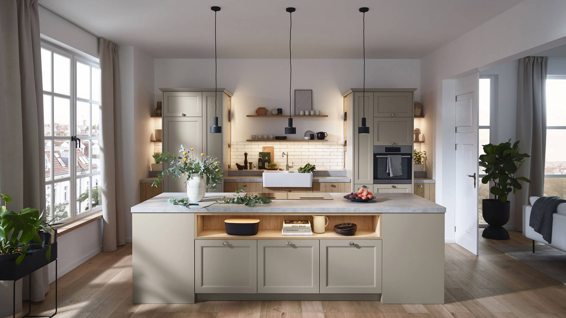 helle, moderne Küche mit Kücheninsel